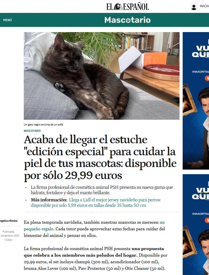 La firma profesional de cosmética animal PSH presenta una propuesta que celebra a los miembros más peludos del hogar. Disponible por 29,99 euros, el set incluye champú (300 ml), acondicionador (100 ml), bruma Aloe Lover (100 ml), Paw Protector (50 ml) y Otic Cleaner (50 ml).