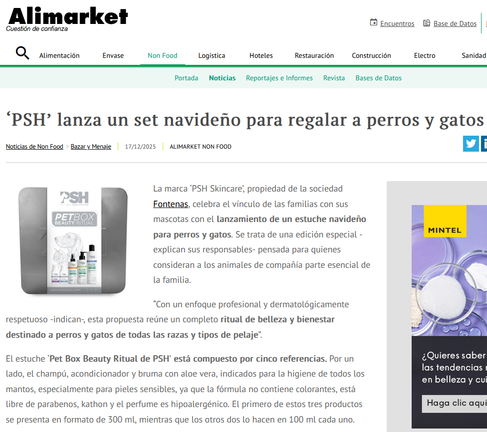 La marca ‘PSH Skincare’, propiedad de la sociedad Fontenas, celebra el vínculo de las familias con sus mascotas con el lanzamiento de un estuche navideño para perros y gatos. Se trata de una edición especial -explican sus responsables- pensada para quienes consideran a los animales de compañía parte esencial de la familia.“Con un enfoque profesional y dermatológicamente respetuoso -indican-, esta propuesta reúne un completo ritual de belleza y bienestar destinado a perros y gatos de todas las razas y tipos de pelaje”.