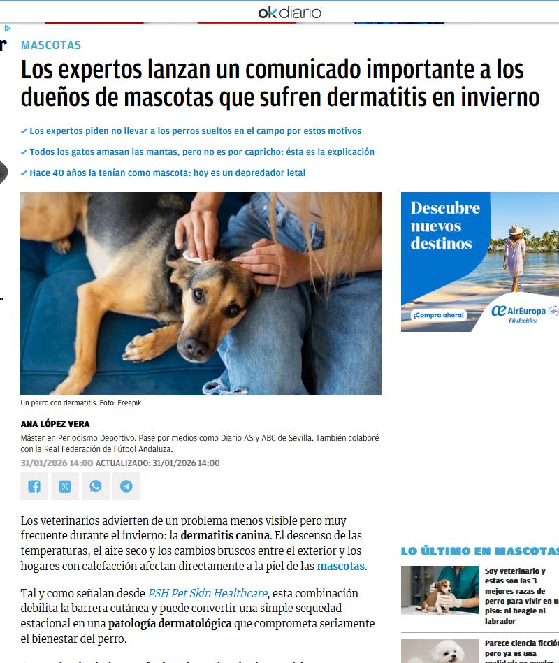 Los veterinarios advierten de un problema menos visible pero muy frecuente durante el invierno: la dermatitis canina. El descenso de las temperaturas, el aire seco y los cambios bruscos entre el exterior y los hogares con calefacción afectan directamente a la piel de las mascotas.Tal y como señalan desde PSH Pet Skin Healthcare, esta combinación debilita la barrera cutánea y puede convertir una simple sequedad estacional en una patología dermatológica que comprometa seriamente el bienestar del perro.